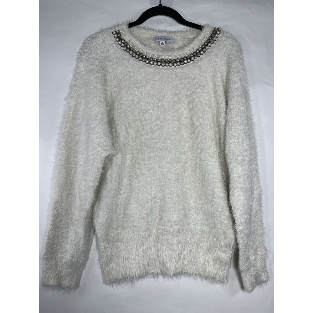Black Rivet Women's Sz M Winter White Fluffy Sweater Pearl Collar Soft‎ Cozy EUC